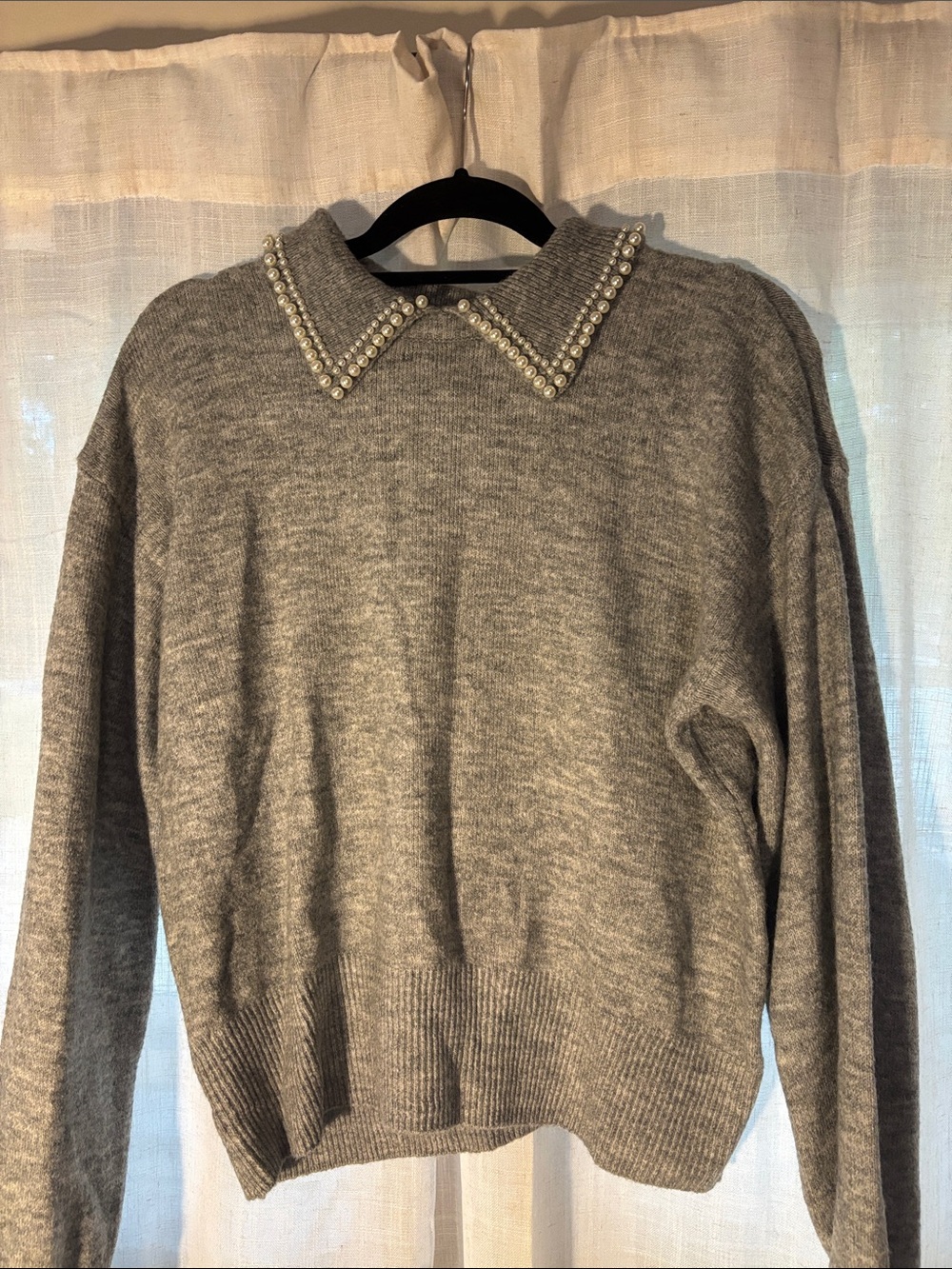 H&M Gray Pearl-Trim Crewneck Sweater